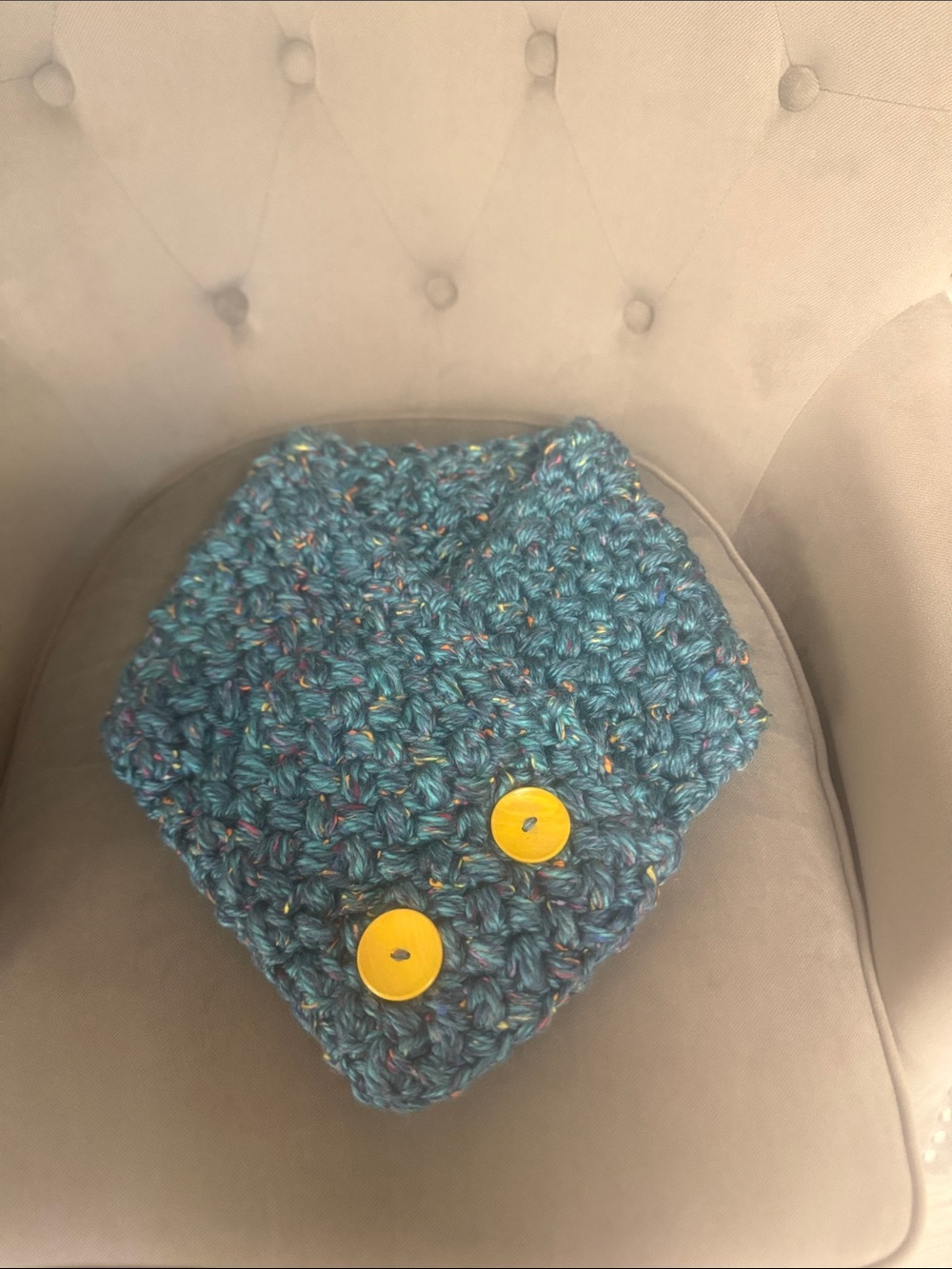 Handmade Kids Teal Button Neck Warmer - Blue with bold multi colored threads thr